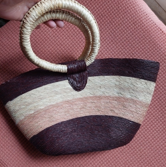 Vintage 80s Ombre Tri-Coloured Striped Straw Satchel Bag - Picture 2 of 8